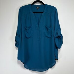 Torrid Harper Tunic Blouse Size 0 Large Teal Chiffon 3/4 Sleeve Roll Tab Top
